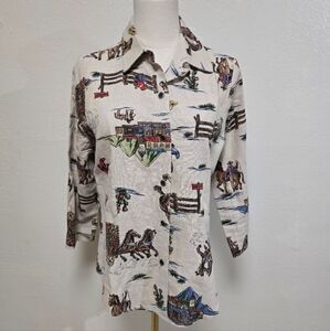 New Frontier Vintage Western Cowboy Print Linen & Cotton Shirt Size Medium